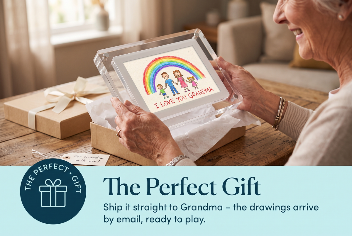 Grandmother unboxing the Little Picasso Frame with an I love you Grandma drawing