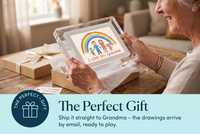 Grandmother unboxing the Little Picasso Frame with an I love you Grandma drawing