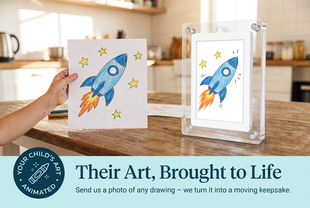 Child's rocket drawing next to the Little Picasso Frame playing the animated rocket