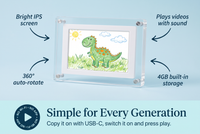 Little Picasso Frame features: bright IPS screen, videos with sound, 360 degree auto-rotate, 4GB storage