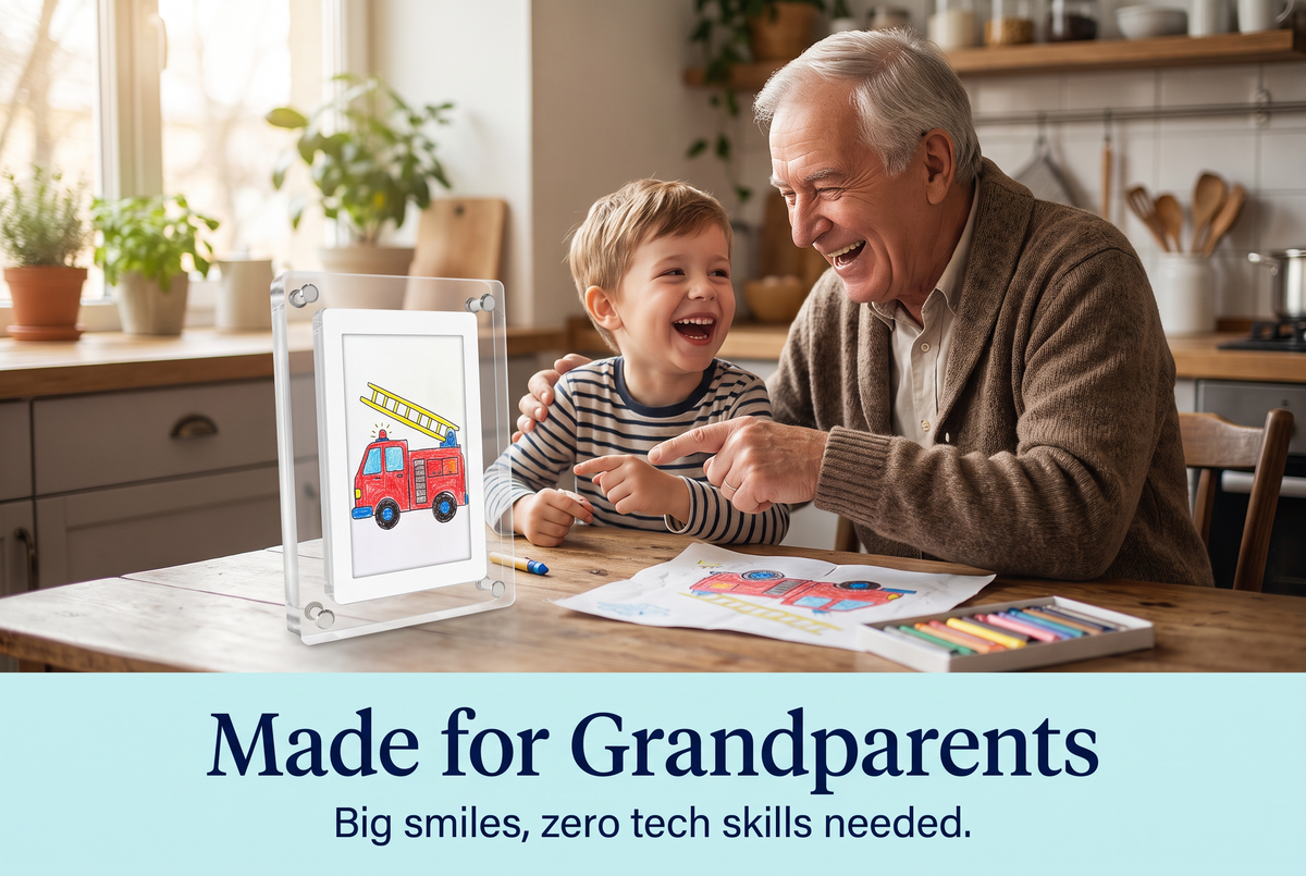 Grandfather and grandson laughing at an animated fire truck drawing on the frame