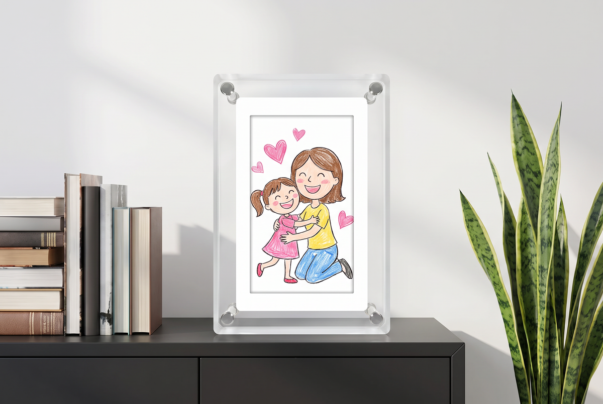 Little Picasso Frame on a sideboard showing a child's drawing of mom and daughter