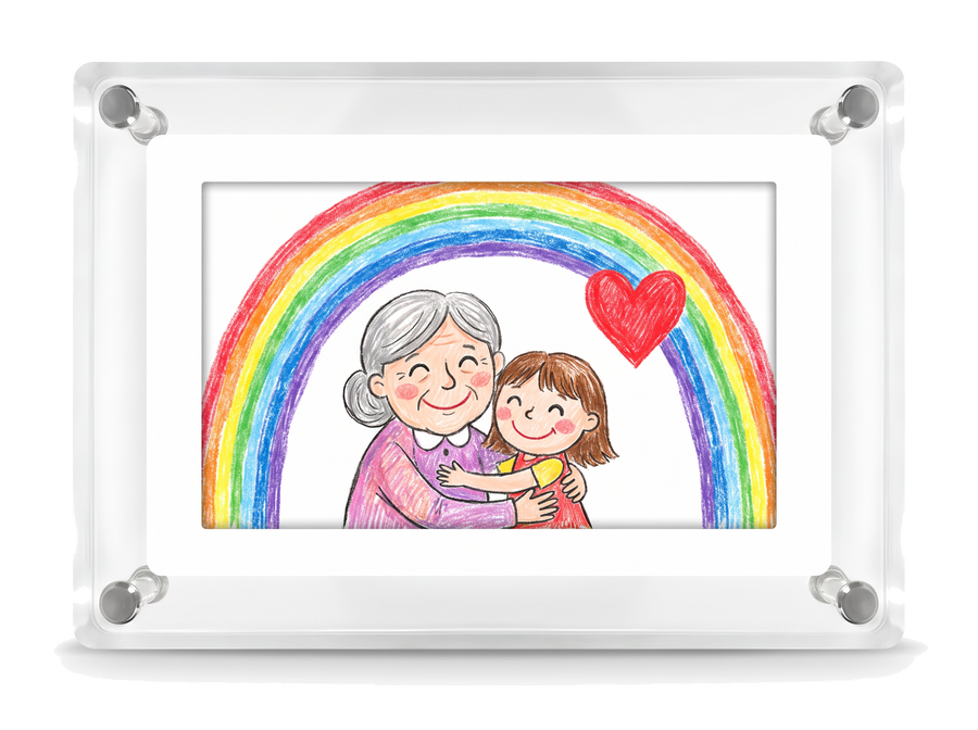 Little Picasso Frame showing a child's drawing of grandma and granddaughter under a rainbow