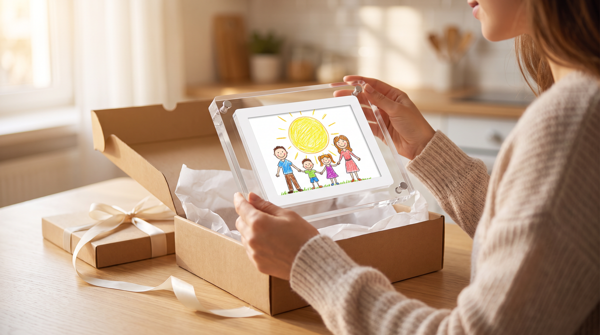 Unboxing the Little Picasso Frame with a child's family drawing on screen